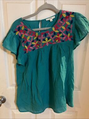 MINE Teal Floral Embroidered Flutter Sleeve Blouse